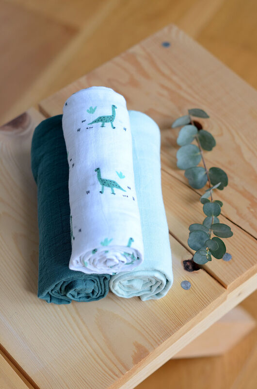 Lot de 3 langes en coton Jurassique/Vert