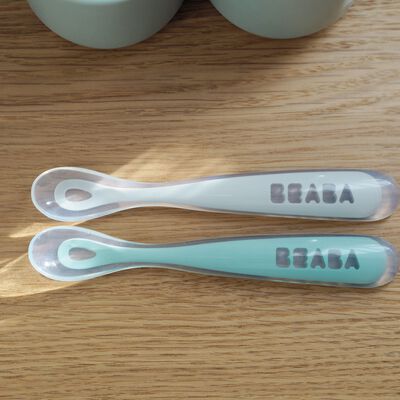 1st stage 2 silicone spoon set  + carry velvet grey / sage green