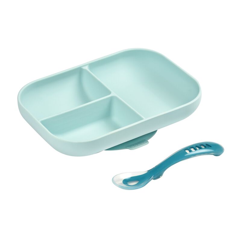 Set repas Silicone - Assiette compartiment&eacute;e et cuill&egrave;re 2&egrave;me &acirc;ge Bleu