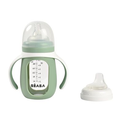 Una bottiglia di vetro per l'apprendimento 2 in 1 con coperchio in silicone