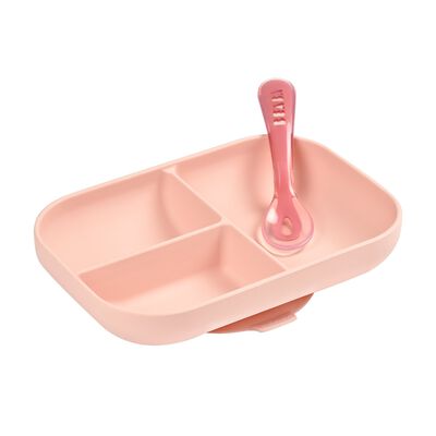 Set repas Silicone - Assiette compartiment&eacute;e et cuill&egrave;re 2&egrave;me &acirc;ge Rose