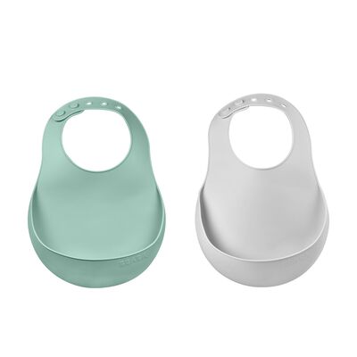 Béaba - Lot de 2 bavoirs silicone Gris clair/Vert sauge