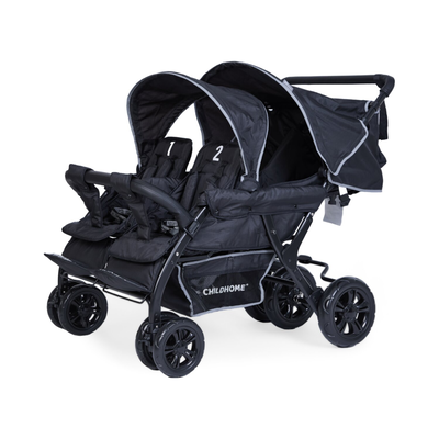 Quadruple Kinderwagen - 4 Kinder - Schwarz + Regenschutz + Sonnenschutz