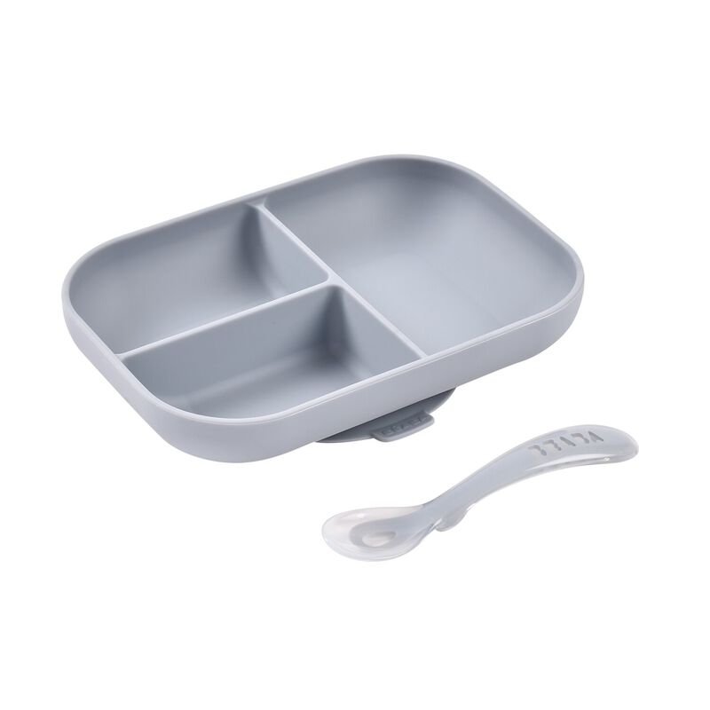 Set repas Silicone - Assiette compartiment&eacute;e et cuill&egrave;re 2&egrave;me &acirc;ge Galet