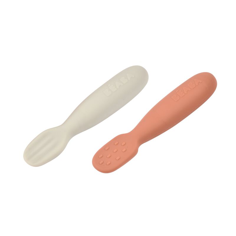 Lot 2 pr&eacute;-cuill&egrave;res d'apprentissage silicone Terracotta/Gris velours
