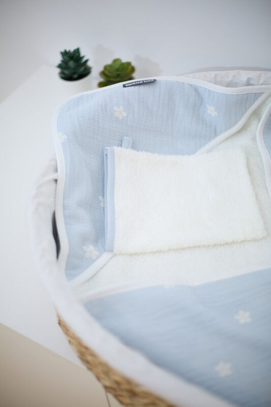 Cape De Bain + Gant - 80x80 Cm - Mousseline Fleur - Bleue
