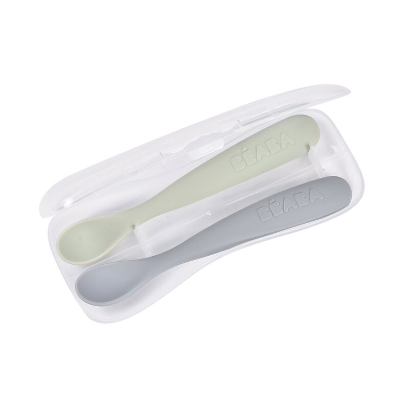 Set di 2 cucchiai in silicone 1&deg; stadio + scatola per il trasporto - Ciottolo / Verde di grigio 